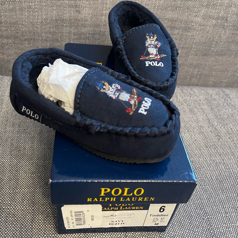 Polo Ralph Lauren Dezi IV Polo Bear Faux Suede Slippers NWT Sz 6 Toddler (Navy)